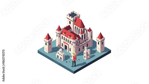 Isometric medieval castle with viewer on platform in cartoon style