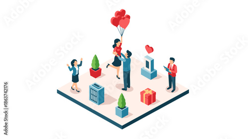 Romantic celebration in isometric style with heart balloons and gifts
