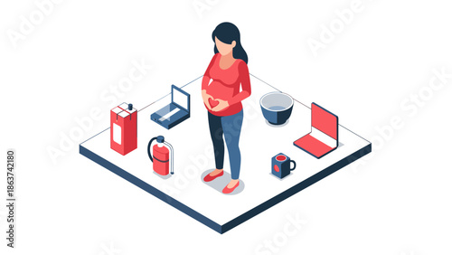 Pregnant woman in isometric home setting surrounded by everyday objects