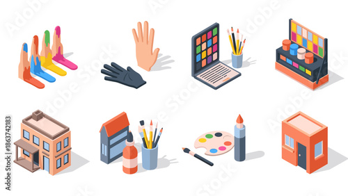 Creative art supplies in isometric style: brushes, paints, palette, canvas, and easel