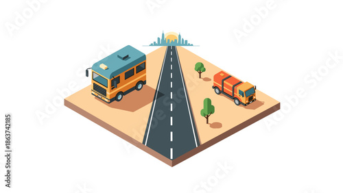 Cityscape journey featuring isometric trucks on desert highway at sunset