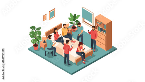Cozy bedroom gathering with friends using smartphones in isometric style