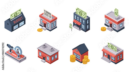Isometric finance icons set featuring budget, money, and business themes