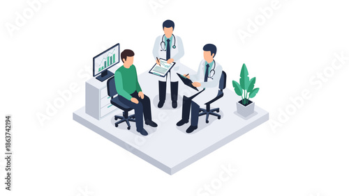 Isometric medical consultation scene in a modern clinic setting
