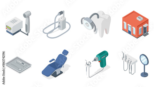 Comprehensive isometric dental equipment icons for modern clinics