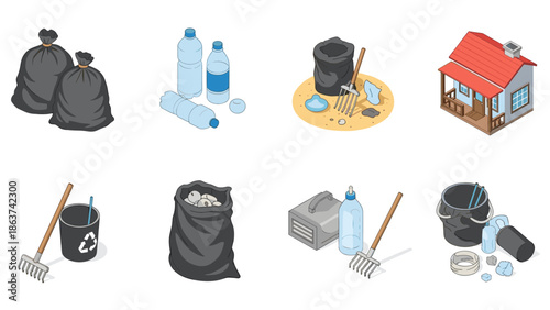 Isometric trash collection and recycling set with tools and house