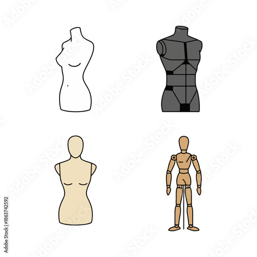 Collection of dressmaker mannequin torsos for fashion design and sewing atelier theme.