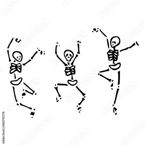 happy dancing skeletons hand drawn illustration set