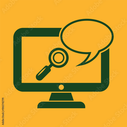 Computer screen icon with search magnifying glass and chat bubble. Online support and inquiry vector illustration