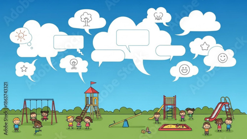 A cartoon illustration of children playing on a playground with speech bubbles in the sky on a sunny day with green grass and blue sky background