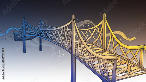 A vibrant illustration of a golden and blue suspension bridge spanning a body of water at dusk with a gradient sky with golden bridge and blue bridge