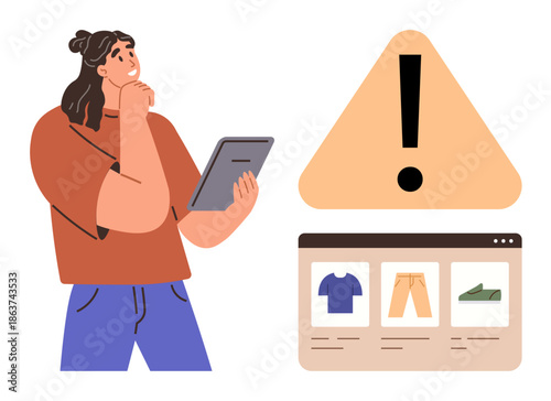 Online shopping, e-commerce issues, user doubts, website safety, product selection, digital interface. Person holding tablet, warning symbol over shopping page. E-commerce issues and user doubts