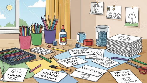 Colorful children's art supplies and worksheets scattered on a desk in a bright classroom with a window, various drawing tools and materials like pencils, markers, glue
