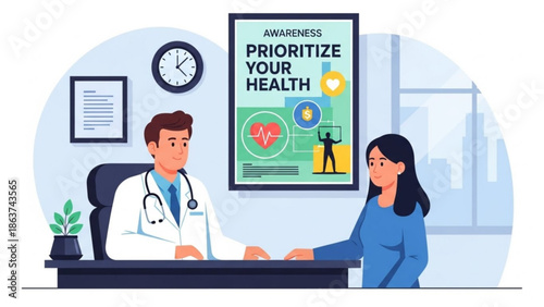 Doctor and patient discussing health awareness in a medical office with a prioritize your health poster with doctor patient and healthcare service