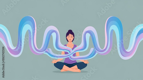 A woman sits in lotus position with closed eyes surrounded by swirling blue and purple lines representing mental clarity and inner peace in a meditative state
