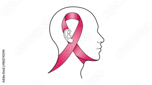 Pink ribbon inside head silhouette symbol of breast cancer awareness and support conceptual illustra