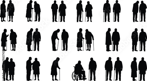 Elderly silhouettes, senior care, aging support, mobility aid, companionship, wheelchair assistance, cane users, retirement life, healthcare, social connection, aging population, elder support