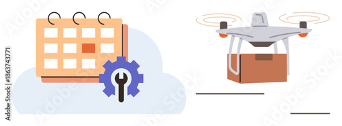 Logistics, scheduling, automation, delivery services, e-commerce, technology. A calendar with a cogwheel next to a quadcopter carrying a package. Logistics and scheduling concept