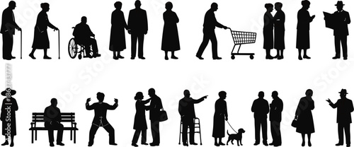 Elderly silhouettes, active seniors, aging lifestyle, senior mobility, retirement activities, old age diversity, senior independence, community elders, aging gracefully, wellness
