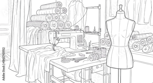 Fashion design workspace with sewing machine and dress form