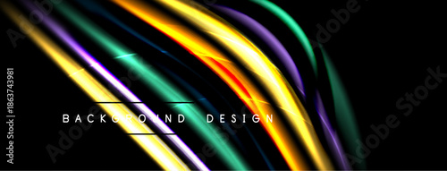Abstract colorful lines over black background. Dynamic flowing shapes create modern visual effect. Bright gradients, smooth curves.