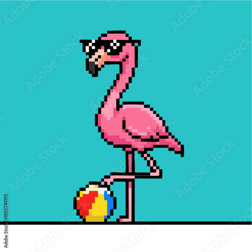 Digital pixel art flamingo in sunglasses holding a beach ball