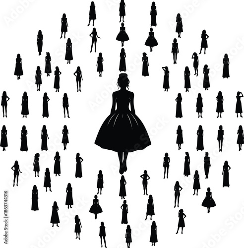 Silhouette woman, fashion diversity, central figure, radial composition, individuality concept, stylish poses, group focus, sociological theme, design art, elegance
