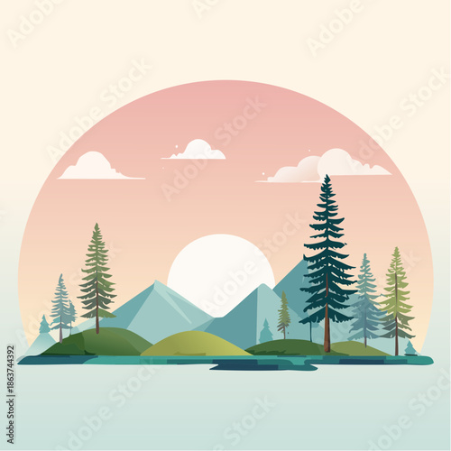 Winter landscape vector illustration of a snowy forest scene featuring pine trees and mountains under a bright sky for a holiday nature background