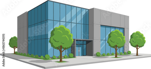 Contemporary commercial office building exterior with glass curtain wall and concrete panels, landscaped plaza with trees and sidewalk entrance urban facade