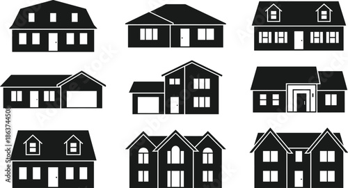Residential house silhouette icon set featuring various home styles cottages suburban buildings and family houses for real estate architecture symbols