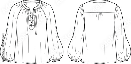 Vector boho blouse technical flat illustration showing front and back views lace up neckline gathered yoke balloon sleeves elastic cuffs apparel design