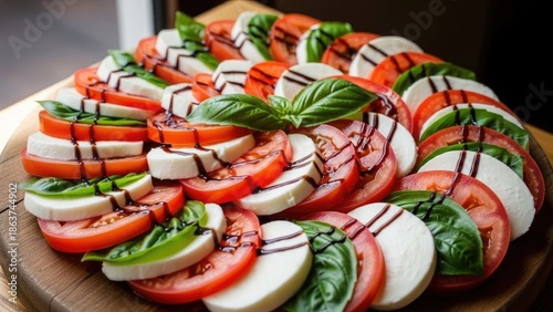 Fresh Caprese salad platter with vibrant tomatoes, mozzarella, and basil, drizzled with balsamic glaze.