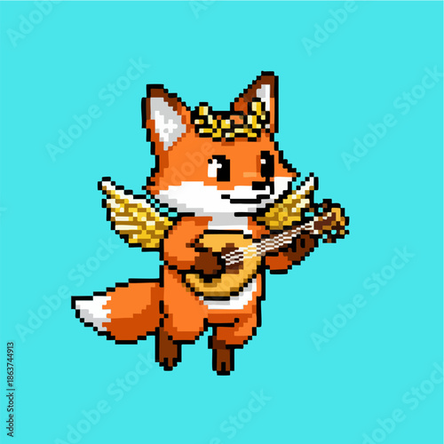 Cute Pixel Art Fox Angel Playing Ukulele Icon Illustration