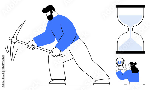 Time management concept. Time management portrayed through a worker with a pickaxe, hourglass deadlines, and analysis of data. Time management for productivity, efficiency, task prioritization. Key