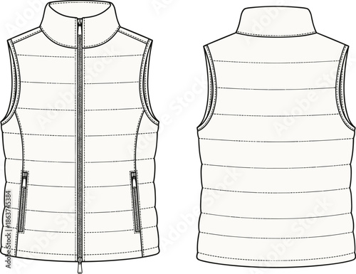 Vector padded sleeveless vest technical flat illustration showing front and back views horizontal quilting zipper pockets stand collar insulated outerwear design
