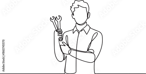 Continuous line drawing of young male mechanic pose holding set of wrench. Single one line art of man professional job profession minimalist concept.one line vector illustration with out background