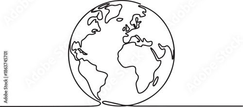 globe world map in single line draw illustration. Continuous one line drawing of world globe.one line vector illustration with out background