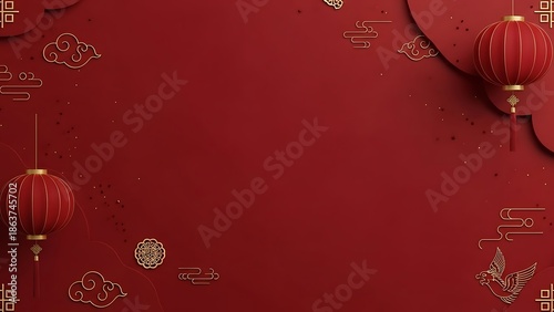 Red festive lanterns and traditional motifs on a rich background illustration