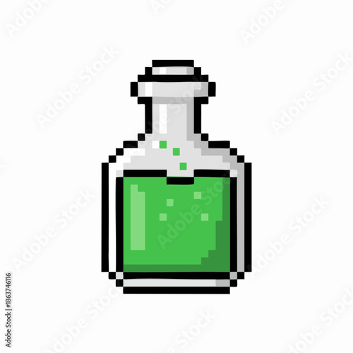 Green Potion Bottle Pixel Art Isolated on White Background