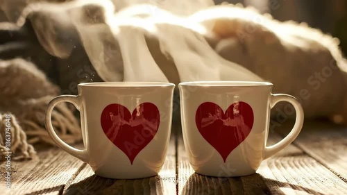 Two steaming white mugs with red heart prints on a rustic wooden table, cozy indoor setting for romantic morning coffee or tea break.