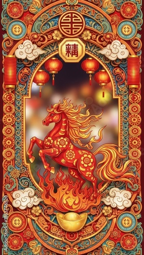 Wallpaper Mural Vibrant Red Horse Leaping from Golden Flames. Intricate Traditional Cultural Design with Festive Lanterns, Symbolizing Prosperity and Good Fortune Torontodigital.ca