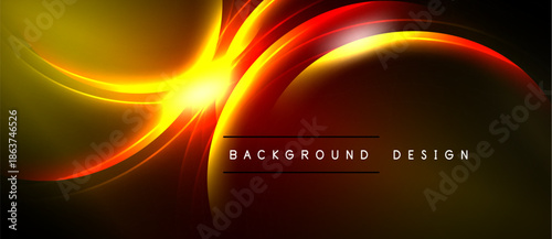 Bright abstract design. Golden, red curves radiate from central light source against black backdrop. Modern, dynamic visual element.