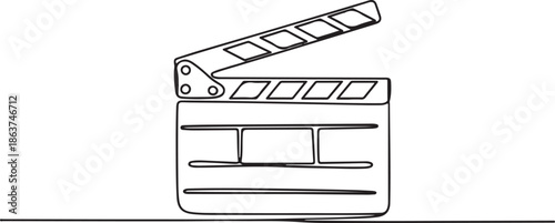 One continuous line drawing of clapper board. Action movie scene and retro video production concept in simple linear style.one line vector illustration with out background