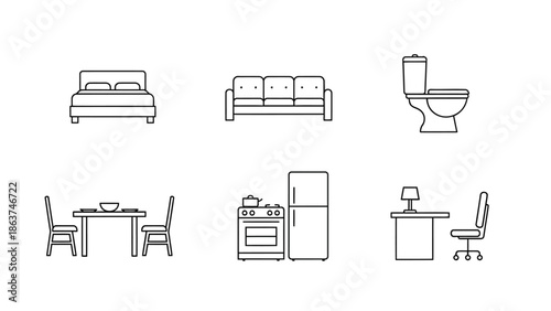 Minimalist line art icons of essential household items. A versatile vector set featuring furniture and appliances for various home living spaces