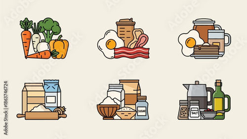 Assortment of fresh grocery items and baking ingredients neatly arranged in six illustrative panels