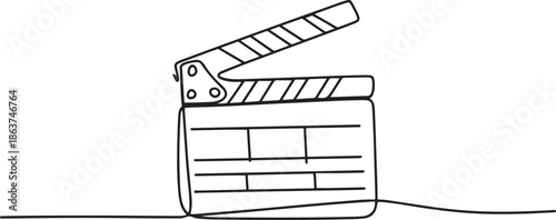 One continuous line drawing of clapper board. Action movie scene and retro video production concept in simple linear style.one line vector illustration with out background