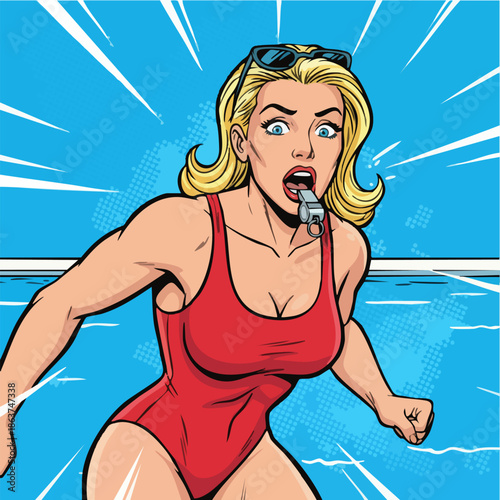 Pop art illustration of female lifeguard blowing whistle urgently.