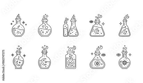 Magical Potion Bottles Line Art Vector Icon Set