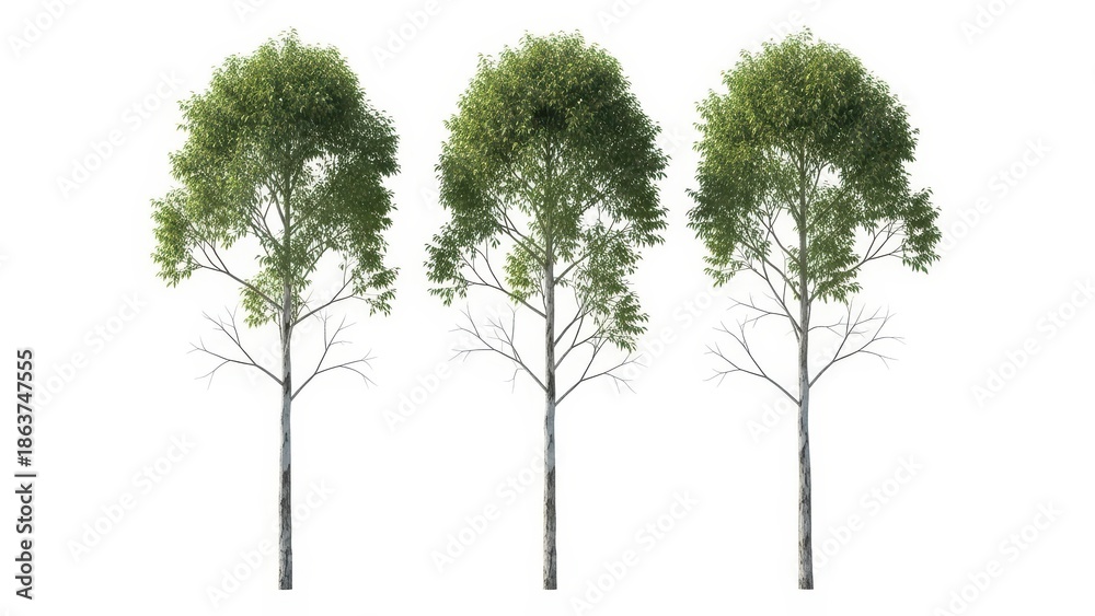 Obraz premium Three Ornamental Trees Isolated on White Background, Green Foliage, Bare Branches