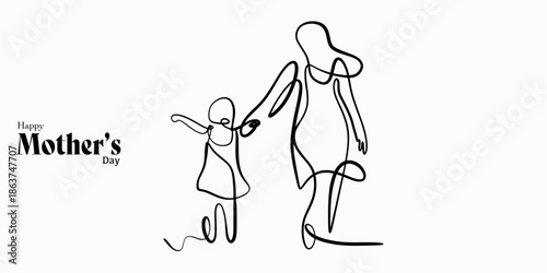 Modern Continuous Line Drawing of Mother and Child for Happy Mother's Day Card